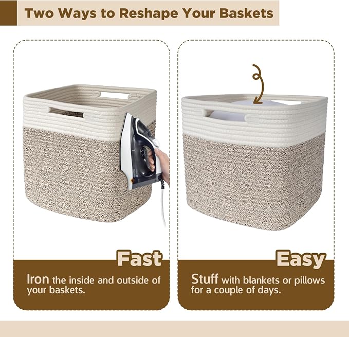AELS Hand Woven Cotton Baskets for Storage, Cube Storage Bins with Handles, Foldable Collapsible Closet Organizers and Storage, Boho Farmhouse Storage Cubes for Shelves, Beige & Mixed Brown