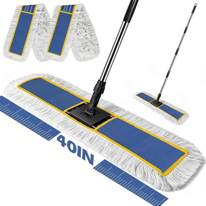 40" Commercial Dust Mop for Floor Cleaning, Heavy Duty Industrial Mop | Large Flat Mop with 64" Long Handle, Push Mop with 2 Mops Pads, for Hardwood, Tile, Gym, Office, Mall, Warehouse