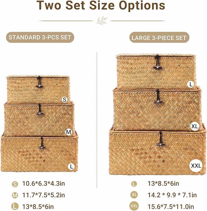 Nonam Wicker Storage Basket with Lid,Seagrass Shelf Basket Set of 3,Nautral | Wicker Basket Container for Organizing, Boho Decorative Basket, Rectangular Household Storage Boxes for Home Organization