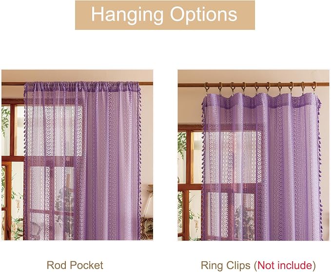 Sutuo Home Lavendar Boho Lace Curtains for Kitchen Kid's Room, Semi Sheer Macrame Bohemian Cottagecore Farmhouse Fringes Crochet Vintage Chic Window Treatment Drapes, Rod Pocket 1 Panel 59" W x 63" L