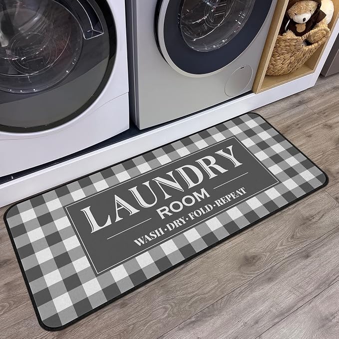 ROMAMIGO Laundry Room Rug Runner Non Slip Laundry Mats Mudroom Laundromat Runner Farmhouse Kitchen Floor Mat Bathroom Laundry Room Decor Accessories(20 X 47 inch, Grey Buffalo Plaid)