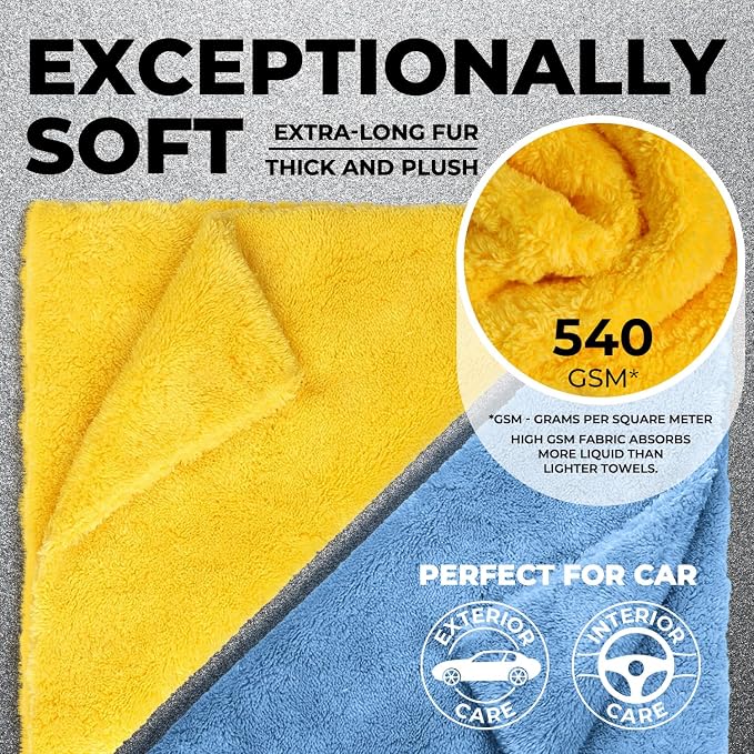 Edgeless Microfiber Car Towels – 6pk(12”x12”) – Soft & Scratch-Free Towels | 540 GSM - Great for Drying, Detailing, Polishing, Buffing - Ultra Absorbent Microfiber Cleaning Cloths for Car