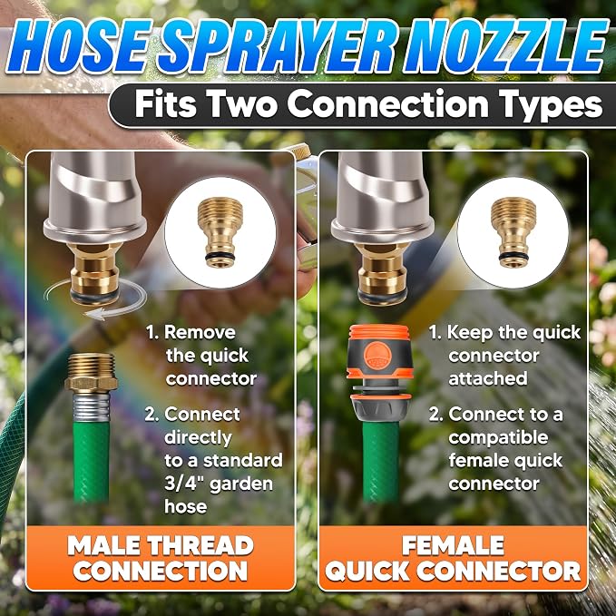 Metal Garden Hose Nozzle High Pressure, 8 Spray Patterns, Lock Clip | Heavy Duty Hose Nozzle for Garden Watering, Car Washing, Patio Cleaning, Leak Proof Gasket and Hands-Free Spraying