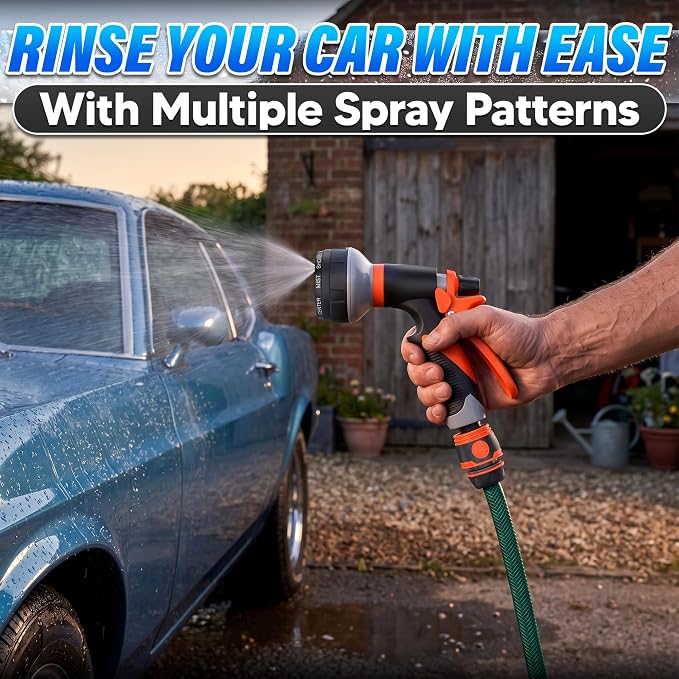 8 Pattern Garden Hose Nozzle Heavy Duty High Pressure Sprayer | Rubber-Grip ABS Water Hose Nozzle for Car Washing, Plant Watering, Deck Rinsing and Dog Bathing, Leak Proof Adjustable Flow