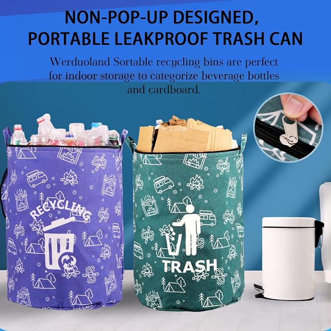 30 Gallon Collapsible Trash Can for RV Camping, Zip Lid，2Pcs | Portable, reusable. For RV, recycling, yard waste, leaf bag, toy bin, hiking, travel, weeds. Folds flat for storage.