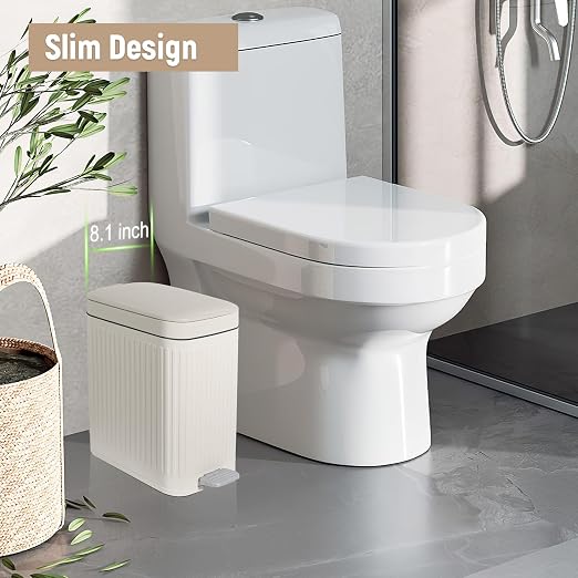 Small Bathroom Trash Can with Lid, 2.6 Gallon Slim Soft Close Step, Cream | Garbage Can with Pedal for Office, Bedroom, Kitchen & Living Room, Narrow Plastic Wastebasket Container for Small Spaces