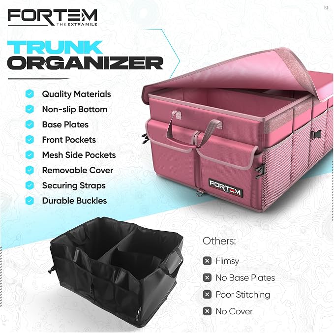 FORTEM Trunk Organizer - Foldable Car Organizer & Storage for SUVs & Trucks | Car Accessories for Men Women, Collapsible Bag, Non Slip Bottom, Straps, Soft Cover, 600D Oxford, Pink, 3 Compartments, 65L
