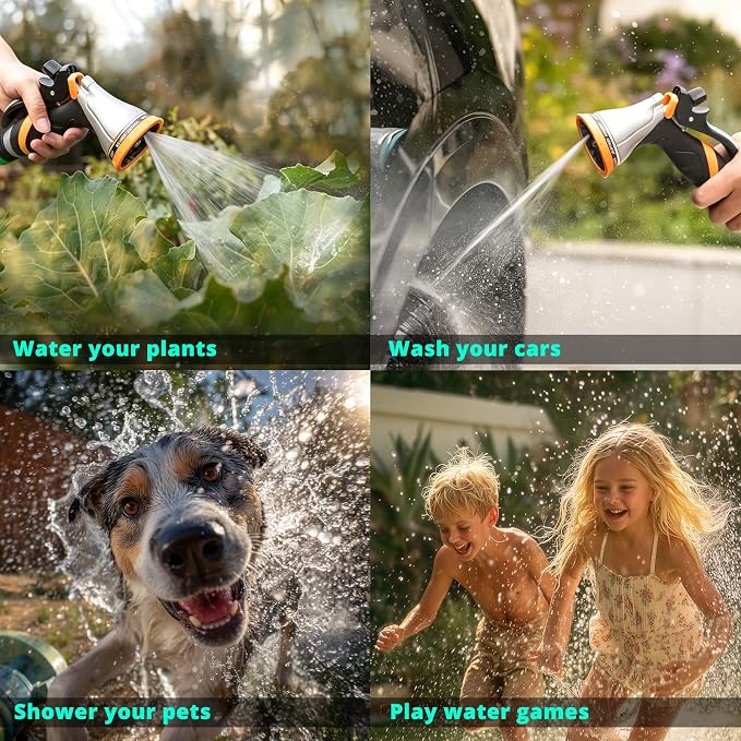 QUOBAS Metal Garden Hose Nozzle, Heavy Duty Water Hose Sprayer, Leak Proof | 10 Pattern Water Nozzle with Rubber Gasket, Garden Sprayer for Watering Plants, Washing Cars, Pet Shower, Orange