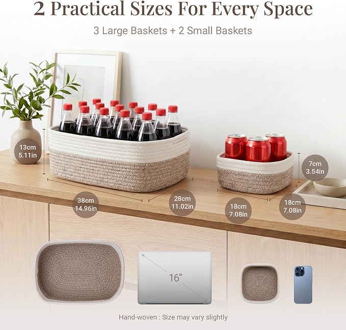 Storage Baskets for Shelves, 5 Pack, 2 Sizes Organizer Bins | Woven Cotton Rope Baskets, 3 Large + 2 Small Shallow Storage Bins for Nursery, Closet, Toys, Bathroom & Changing Table