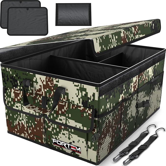 FORTEM Trunk Organizer - Foldable Car Organizer & Storage for SUVs & Trucks | Car Accessories for Men Women, Collapsible Bag, Non Slip Bottom, Straps, Soft Cover, 600D Oxford, 3 Compartments, 65L
