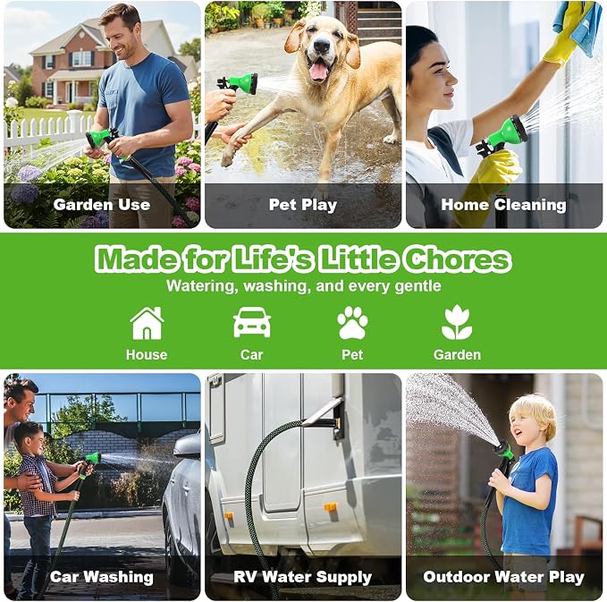 Garden Hose 100ft, Non-Expanding Flexible Hose, Lightweight | Kink Free, Sturdy, Leak-Proof, Portable, Water Hose with 10 Function Nozzle for Outdoor, Yard, Lawn, Car Wash and Camper Use