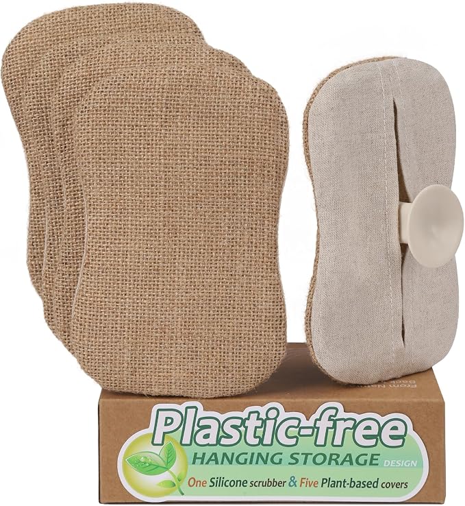 Eco-Friendly Dish Sponges Plastic Free Sponge Scrubber Compostable Dish Scrubber, Biodegradable Scrub Pads Non-Scratch Silicone Sponges with Suction Cup for Storage & Air-Drying