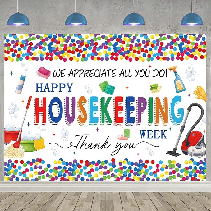 Happy Housekeeping Week Banner Backdrop 8x6FT Thank You Cleaning Staff Background for Housekeeper Appreciation, Environmental Services Week Party Decorations Photo Props