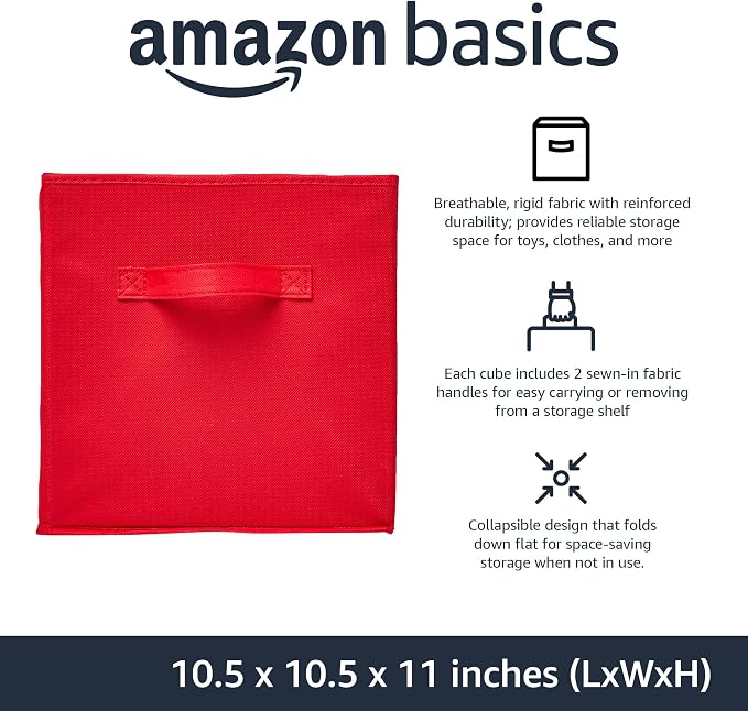Amazon Basics Collapsible Fabric Storage Bins with Handles, Cube Organizer, Home Organization, 10.5"x10.5"x11", Red, 6-Pack