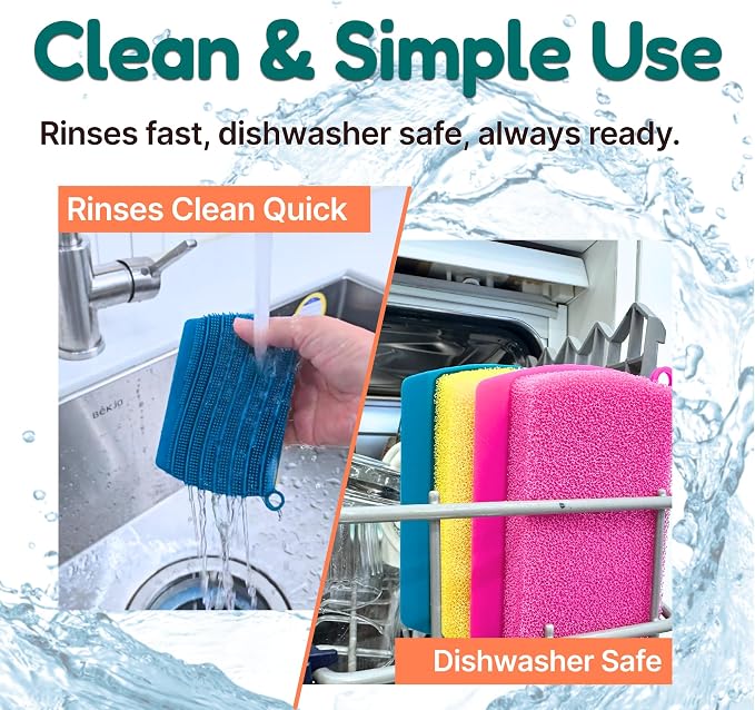 3-in-1 Silicone Scrubber Sponge with Squeegee – Non-Scratch Kitchen Sponge for Dishes, Sink & Bathroom, Quick-Dry, Reusable Cleaning Tool (Teal)