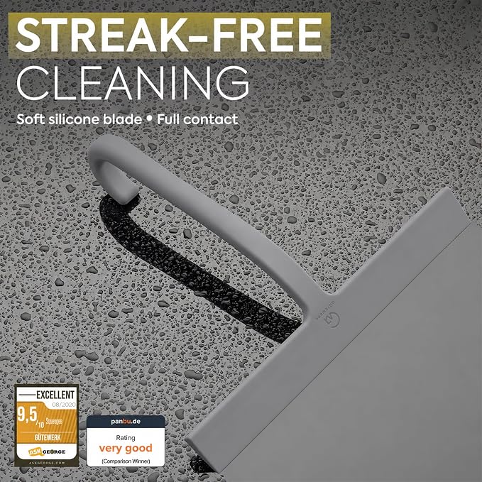 Shower Squeegee for Glass Doors, 10″ Gray with No-Drill J-Hook | Hang Anywhere Without Adhesive, Seamless One-Piece Silicone, Encased Steel Core, Streak-Free Shower Squeegee for Glass & Tile