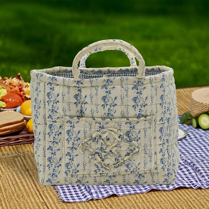Quilted Fabric Storage Basket with Handles & Pocket, Foldable Laundry Hamper Boho Floral Print Organizer Bin for Home, Picnic, Office 12"x10"x10" (B-5)