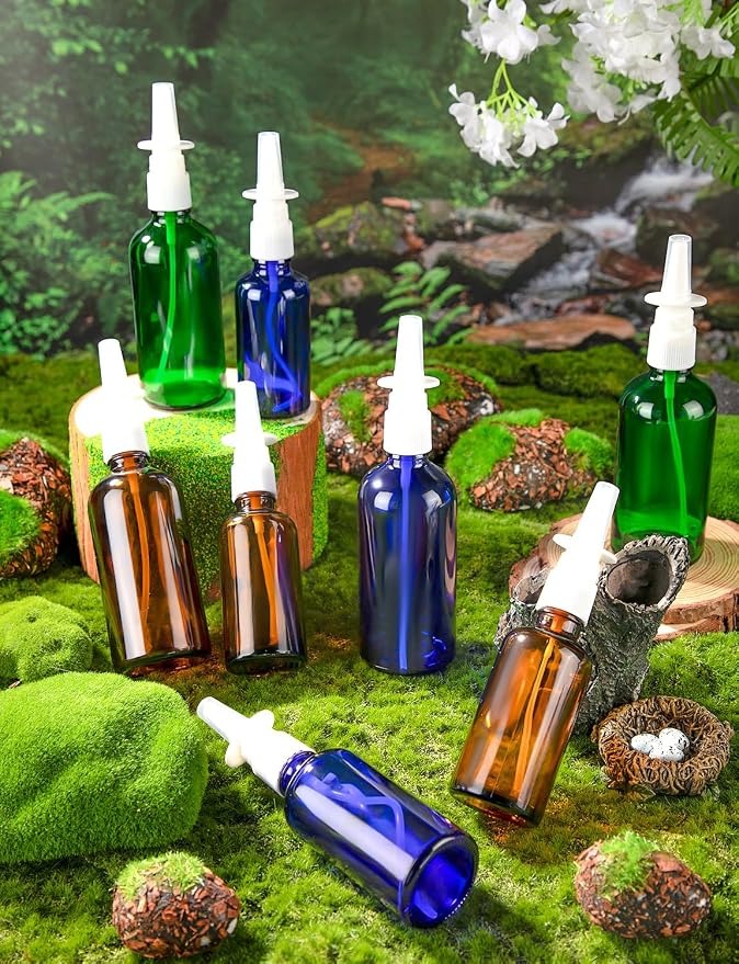 8 Pcs Nasal Spray Bottle, 50ML/1.76OZ 4Pcs Fine Mist Glass Empty Brown Blue Nose Nasal Spray Bottles Refillable with 2 Funnels and 2 Labels