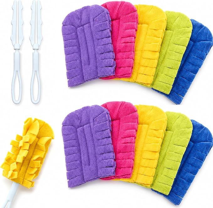 10 Pack Duster Refills with 2 Dusting Wands Reusable Pads | Washable Fleece Cleaning Pads for Blinds Cars Furniture Fans Pet Hair Shelves and Multi Surface Home Cleaning
