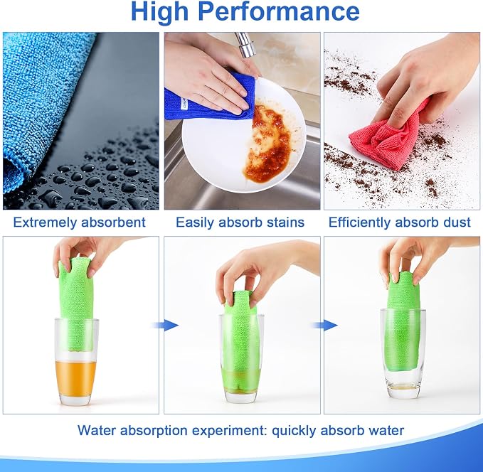 Microfiber Cleaning Cloth, 12Pcs, 12" x 12", High Density, 4 Colors | Household Cleaning Rags, 293GSM, Ultra Absorbent, Reusable Cleaning Supplies for Kitchen Towels, Glass Dish Cloths, Dust Rag