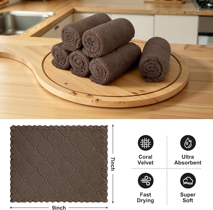 Homaxy Super Soft 12 Pack Coral Velvet Dish Cloths, 7" x 9", Brown | Ultra-Absorbent Dishcloths, No Lint, Nonstick Oil, Fast Drying, Microfiber Cleaning Cloth