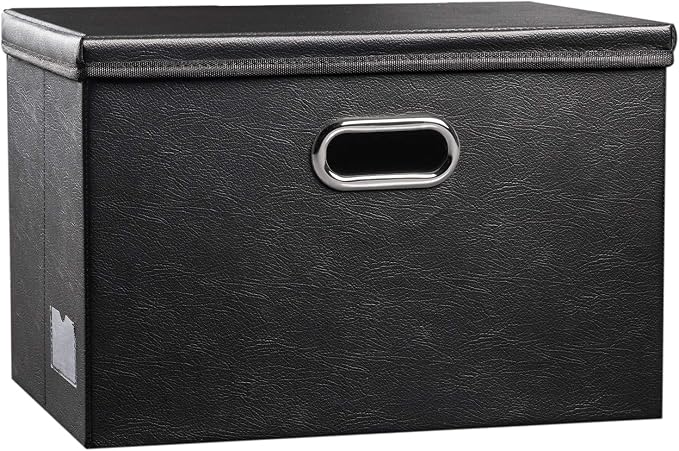 Large Collapsible Storage Bin with Lid [1-Pack] Leather Fabric Foldable Storage Box Organizer Containes Basket Cube with Cover for Home Bedroom Closet Office Nursery Black (17.7x11.8x11.8)