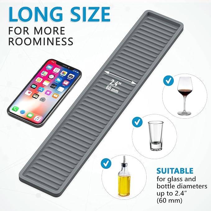 ZAPPOWARE Kitchen Sink Narrow Silicone Holder Tray 17.7"x3.1", Vanity & Bathroom Organizer, Gray (Pack of 2)