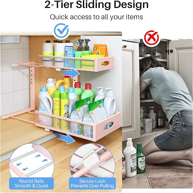Under Sink Organizer, 2 Tier Pull Out Under Cabinet Organizer Shelf with Pad for Framed Cabinets, Metal Slide Out Under Sink Storage, Mesh Sliding Drawers for Kitchen Bathroom Laundry(Pink, 1 Pack)