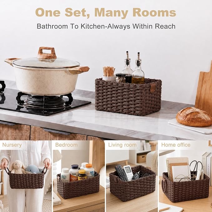 Paper Rope Storage Baskets Set of 3, Handwoven Decorative Wicker Organizer Bins with Handles for Shelves, Bathroom, Closet & Pantry, Soft Woven Nesting Storage Basket Set (Dark Brown)