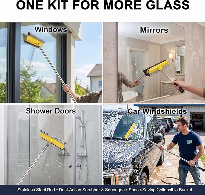 Window Cleaning Kit with 10L Collapsible Bucket | Includes a 56-inch windshield squeegee for car, home and outdoor window cleaning