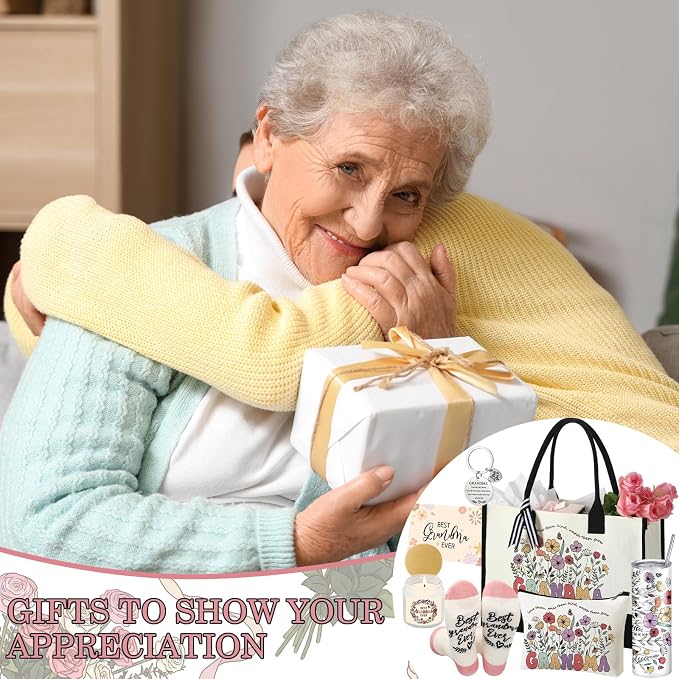Patelai 7 Pcs Grandma Gifts, Christmas Grandma Gifts for Best Grandmother | Birthday Gift from Grandkids Grandchildren Thank You Set with 20oz Tumbler Tote Bag Candle Socks Makeup Bag Keychain Card