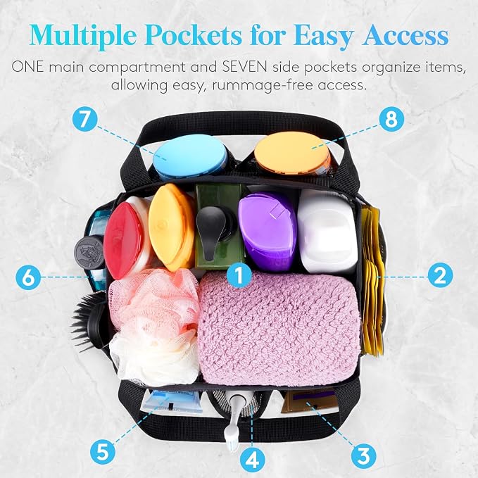 Lifewit Mesh Shower Caddy Portable, Dorm Room Essentials, 2 Packs, Black | 2 Handles, Freestanding, Quick Dry Tote Bag, 7 Pockets, for Toiletry, Bathroom, Beach, Swimming, Gym, Camping, Travel