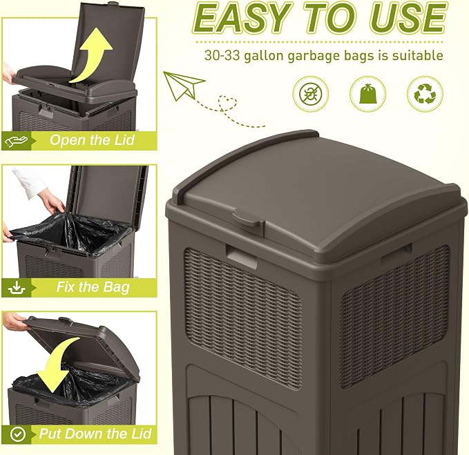 Greesum 33 Gallon Outdoor Trash Can with Lid, Waterproof Garbage Bin, Brown | Resin Materials, for Hideaway, Deck, Patio