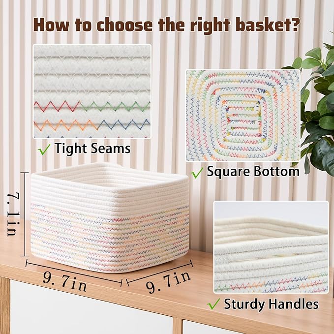 MiniArk Small Organizing Baskets for Cubes Shelf, 9.7x9.7x7.1 Inch Rope Woven Storage Bins for Nursery Shelves Storage, Cute Toy Basket, Square 3 Packs Off White Rainbow