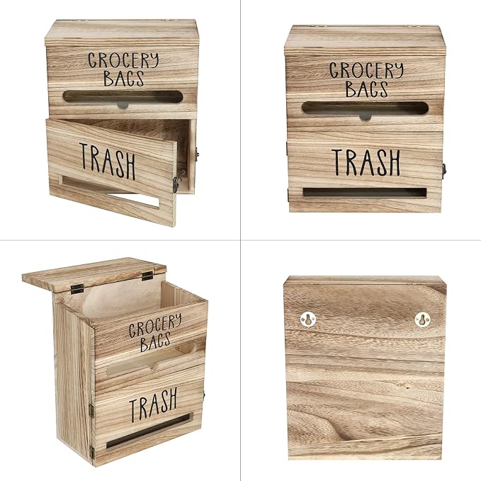 2 in 1 Trash Bag Dispenser, Double Wall Mounted,Wood Trash Bag Holder, used in kitchen, garage, laundry room, can store Environmentally friendly food bags (White/Brown(10inch*5.5inch*12.2inch）)