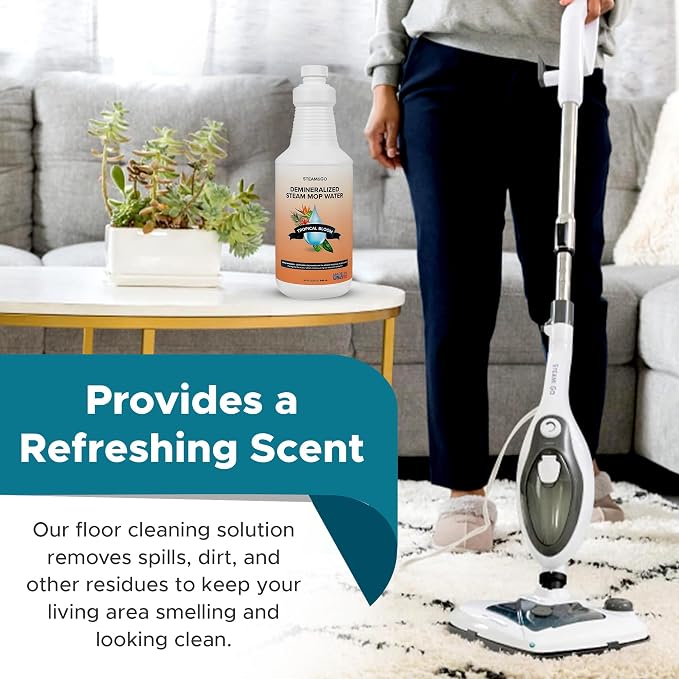 Steam & Go Demineralized Water for Steam Mop – Tropical Bloom Scent, 32 oz (Pack of 18)| Scented Floor Cleaner Solution, Ready-to-Use, Compatible with Any Steam Cleaner