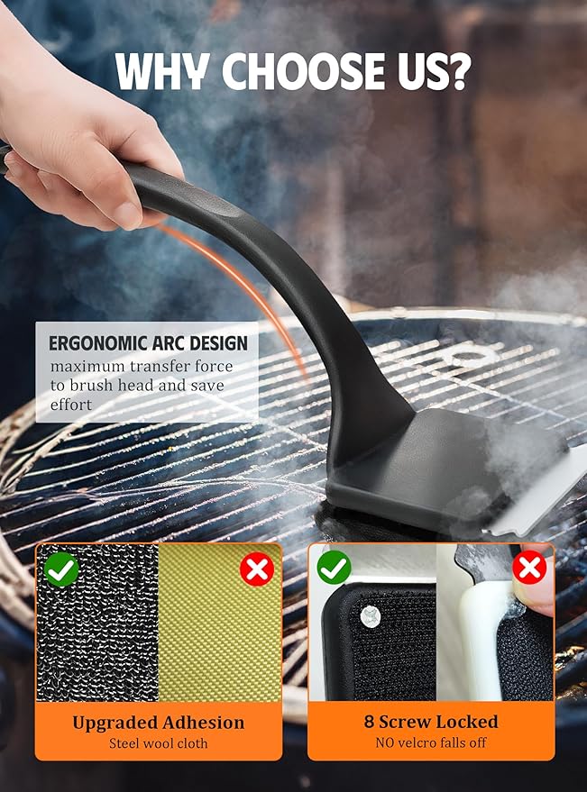 MEKER Grill Brush Bristle Free, Grill Cleaner Brush with 5 BBQ Replacement Head for Cast Iron, Stainless Steel Grates, Safe Grill Scraper Outdoor BBQ Grill, Black
