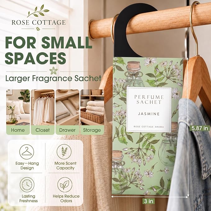 Large 12 Packs Jasmine Hanging Scented Sachets Long-Lasting Closet Deodorizer Air Freshener Fabric Refresher Odor Eliminator for Drawer Home Fragrance Gift Set