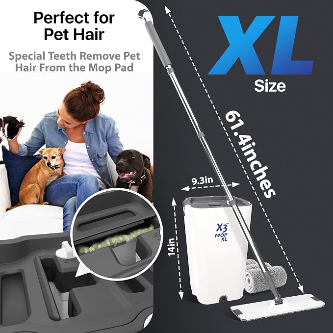 X3 Mop XL, Separates Dirty and Clean Water, 3-Chamber Design, Flat Mop and Bucket Set, Hands Free Home Floor Cleaning, 3 Reusable Microfiber Mop Pads Included (XL X3 Mop)