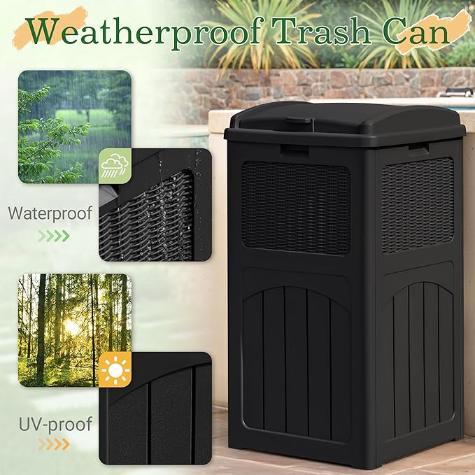 Greesum 33 Gallon Outdoor Trash Can with Lid, Waterproof, Dark Black | Resin Garbage Bin,UV-resistant for Hideaway, Patio, Deck, Light