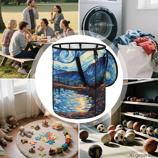 Starry Night Oil Painting 24 Gallon Camping Trash Can Collapsible Outdoor Garbage Can with Lid Waterproof Easy to Clean Reusable Trash Bin for Patio Yard Garden Kitchen Laundry