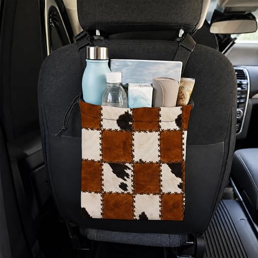 Rustic Western Cowhide Car Trash Bag Hanging for Back Seat | Vintage Farmhouse Cow Print Canvas Drawstring Car Garbage Bag with Adjustable Buckle Vehicle Trash Can