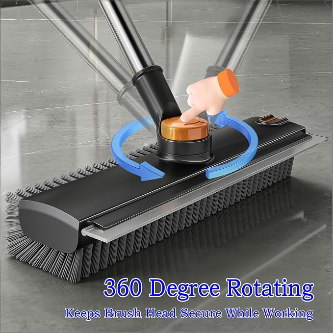 Floor Scrub Brush with Squeegee Long Handle 3 in 1 tub Brush 52'' 2026 Upgraded Multi-Functional Stiff Bristle Cleaning Scrub Brush Rotating Tile Brush for Cleaning Bathroom Patio, Pool, Garage
