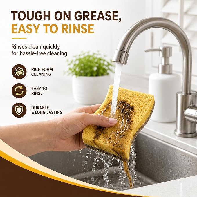 12 PCS Natural Sponges Kitchen, Dish Sponges with Coconut Scrub | Natural cellulose & Coconut fiber scrubber, Non-scratch cleaning, Rich suds fast, Flexible kitchen sponge, Easy Grip Shape