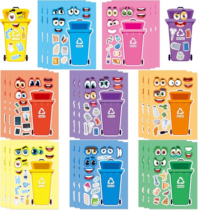 24 Sheets Recycling Bin Make a Face Sticker, Make Your Own Trash Bin Stickers Mix and Match Sticker for Home School Classroom Crafts Activities Reward Birthday Party Favors