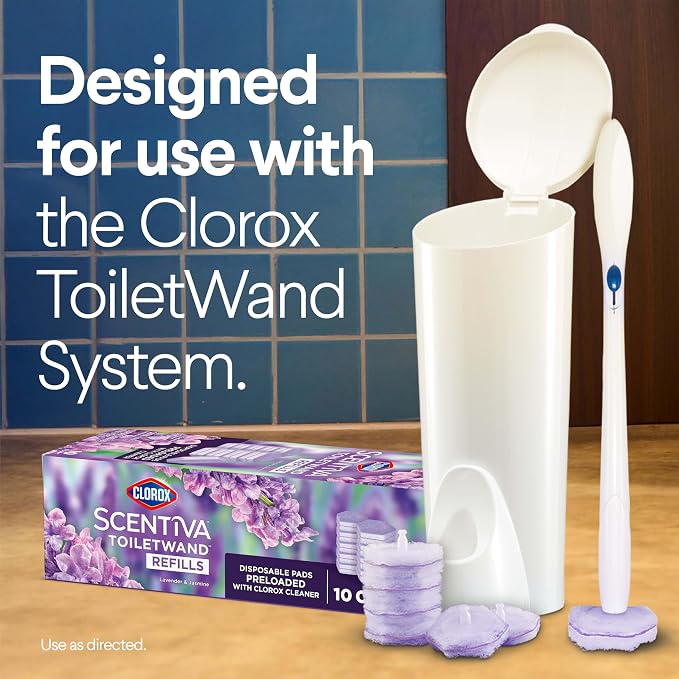 Clorox Scentiva ToiletWand Refills, Lavender and Jasmine, 10 Count | Disposable Toilet Brush Scrubbing Pads, Eliminates Hard Water and Lime Stains 2X Better than a Manual Brush