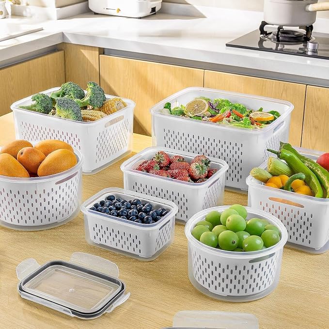 Fruit Storage Containers for Fridge with Removable Colander 8 pcs | Airtight Food Storage Container Dishwasher Safe Produce Saver for Refrigerator Keep Berry Fruit Fresh Longer Small Clear