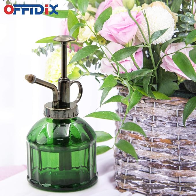 OFFIDIX Glass Plant Mister Vintage Style Spray Bottle Mist 6.7oz Dark Green | Fine Mist Spritzer Bronze Plastic Top Pump, 6.3" Tall 200ml One Hand Watering Can Indoor, Spray Bottle for Garden Small Plant