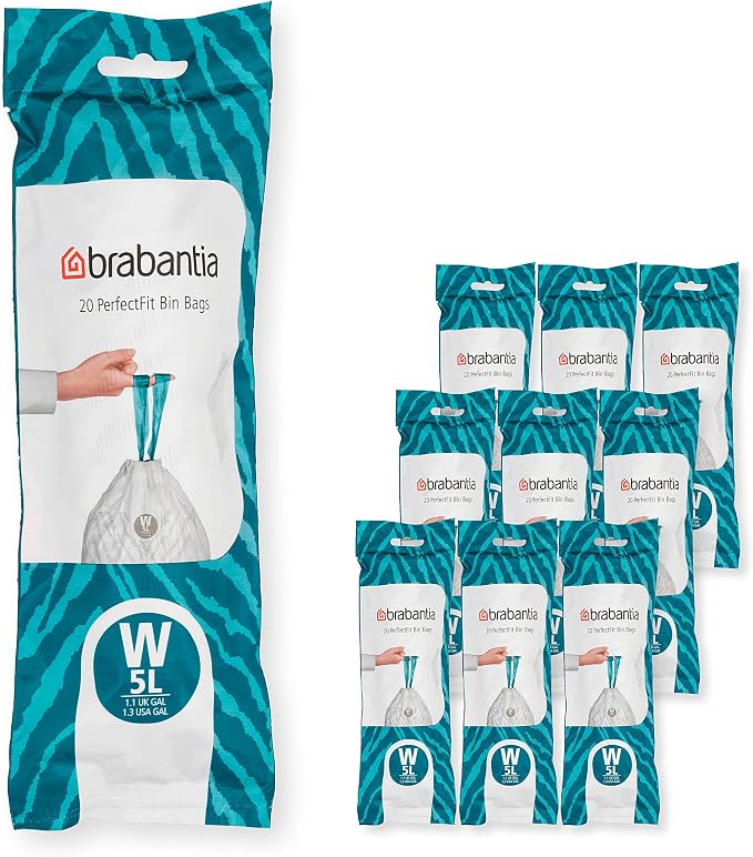 Brabantia PerfectFit Trash Bags (Size W/1.3 Gal) Thick Plastic Trash Can Liners with Drawstring Handles (200 Bags)