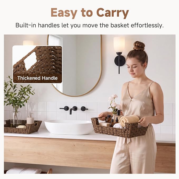 StorageWorks Woven Baskets for Organizing, Large Wicker Storage Basket | Wicker Baskets for Shelves, 2 Pack Snack Basket Organizer, Open Front Basket with Handles, Paper Rope Storage Basket, Brown